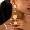 Detailed view of oversized golden geometric flower earrings with textured matte finish - Gold Layered Round Disk Long Style (E1-1-03)