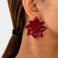 Elegant large deep red 3D floral stud earrings shown on model for a trendy vintage look - Burgundy Floral Style (E18-5-21-Red)