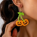 Pendientes de calabaza y cereza de Halloween en acrílico naranja con ganchos de oro - Estilo de Cereza de Calabaza de Halloween / Naranja Verde