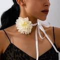 Detail of elegant oversized white fabric rose choker with delicate satin ribbon tie - White