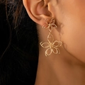 Close-up of golden double layer floral earrings with hollow petals on model - Gold Hollow Double Flower Drop Earrings (en-19-e028-Gold)