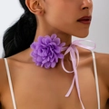 Vintage purple fabric rose choker necklace with elegant ribbon tie for women - Purple