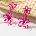 Detail of oversized fuchsia flower earrings with 3D wire craft and gold link accents - Magenta Woven-Texture Double Flower Drop Earrings (en-19-e028-Magenta)