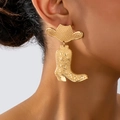 Detailed view of gold western cowboy hat and boot earrings with textured star relief - Gold Embossed Cowboy Theme (en-19-e039 5)
