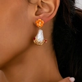 Baroque pearl flower earrings with orange enamel petals and gold vine accents for women - Orange Flower With Baroque Pearl Drop Earrings (E21-3-11)