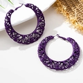 Detail of purple matte metal hoop earrings with floral openwork carving in retro style - Purple Hollow Hoop (e-1-e022)