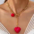 Elegant gold chunky chain necklace featuring red heart and bead charms with OT toggle clasp - Red Heart Style (x250924-12)