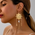 Detailed shot of bohemian gold sun earrings with dangling star and moon charms - Vintage Bohemian Sun Moon Star Long Tassel Drop Earrings (e250912-12)