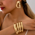 Fashion gold retro wide hammered cuff bracelet and oversized ripple earrings set for women - Irregular Wave Style Set (s250912-4)