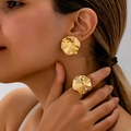 Detail of golden fluid ripple earrings and ring with irregular pleated metal texture - Gold Minimalist Irregular Pleated Stud Earrings & Ring Set (e250912-11)