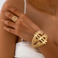 Gold vintage open bangle and ring set with dollar sign motifs for women party gifts - Dollar Sign Design Set (s250912-2)