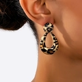 Close-up of vintage leopard print teardrop earrings with gold textured studs on model - Rhinestone Teardrop Leopard Style (t-12-t043-2)