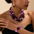 Bohemian purple resin beaded double-layer necklace set with bracelet and earrings - Purple Beaded Set / Purple (Marble Pattern)