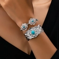 Vintage Silberarmreif mit Türkis und Blumenkette Set für Damen im Retro Look am Handgelenk - Altsilber mit Türkis (s2-5-04)