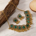 Ethnic gold jewelry set with green gemstones and delicate fringe earrings and necklace - Green Gemstone Oval Module (WTZ241) / Antique Gold Green