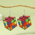 Creative 3D Rubik's cube acrylic dangle earrings hanging on a natural wood branch - Colorful Magic Cube Style (WEH4748)
