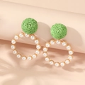 Green straw ball earrings with gold pearl ring in elegant bohemian style jewelry - Green