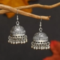Ethnic silver lantern bell drop earrings in vintage Chinese style hanging on a branch - Ethnic Etched Bell Jhumka Style (WEH4473) / Antique Silver