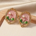 Vintage gold oval earrings with pink rose relief, white pearl and green enamel leaves - Oval Rose Pearl Style (WEH5058) / Pink (KC Gold Stem)