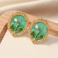 Retro gold earrings with green enamel floral relief and pearls on a silk background - Oval Pearl Plant Style (WEH5058) / Green KC Gold