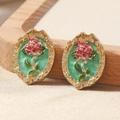 Vintage gold-plated oval earrings with red rose oil-dripping art on a wooden tray - Oval Enamel Rose Style (WEH5059)