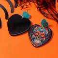 Orecchini Halloween in acrilico con teschio messicano, sfondo arancione, misura 3.8x5.0cm - Stile Grande Cuore di Teschio con Glitter Verde (WEH5261)