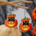 Halloween acryl oorbellen met zwarte kat in pompoen aan een natuurlijke tak - Pompoen Zwarte Kat Heksenhoed Stijl (WEH5287)
