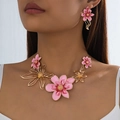 Floral statement jewelry set with pink enamel flower necklace and matching earrings - Pink Floral Necklace And Earring Set (T12-1-17)