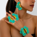 Floral jewelry set featuring turquoise enamel rings, earrings, and open cuff bracelet - Green Zirconia Set