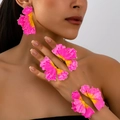 Detailed view of vibrant pink and yellow enamel flower earring and ring set on model - Rose Red Zirconia Set