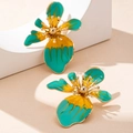 Detailed macro view of yellow and teal enamel flower earrings with gold-toned metal petals - Green Flower Earrings