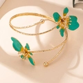 Golden wrap arm cuff bracelet featuring green and yellow enamel flower petals ornaments - Green Flower Arm Bangle