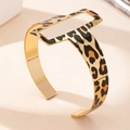 Fashionable golden open bangle featuring leopard print pattern and geometric rectangular cutout - Bracelet (t-2-t039)