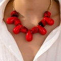 Bohemian bold red teardrop and marble bead necklace with gold chunky link chain - Red