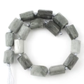Natural gray-green stone bead strand in cylindrical shape with white woven cord - Cylinder / Hawk Eye Stone