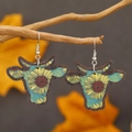 Ox-head shaped drop earrings with blue background and yellow sunflower pattern design - Light Blue Sunflower (WEH3924)