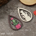 Detail view of teardrop wood hollow earrings with painted cactus design and measurements - Cactus Painted Style (WEH3921)