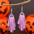 Pink ghost acrylic earrings for Halloween party with silver metal hooks on wooden branch - Pink