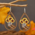 Waterdrop-shaped wooden earrings with sunflower and western boots print on branches - Sunflower Cowboy Boots (WEH3917)