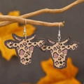 Cow head earrings with leopard print pattern on natural wooden branches - Dark Coffee Leopard Print (WEH3922)