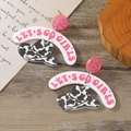 Pink western glitter earrings with Let's Go Girls text and cow print cowboy hat charms - LET'S GO GIRLS Lettering / Cow Print Patchwork (WEH3650)