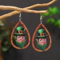 Detail view of St. Patrick's Day wooden teardrop earrings with leprechaun character - Hollow Teardrop with Leprechaun (WEH4228)
