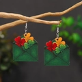 Saint Patrick's Day green envelope wooden earrings with clover leaf hanging on a branch - Green Envelope Shamrock (WEH4230)