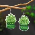 Saint Patrick's Day green clover plant wooden earrings hanging on natural wood branch - Green Potted Plant Shamrock (WEH4231)