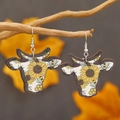 Cow head earrings with sunflower and honey bee patterns in a rustic autumn setting - Sunflower Bee Print (WEH3924)