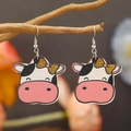Cartoon cow wooden hook earrings with golden glitter bow hanging on natural branch - Pink Cow Shape (WEH3904)