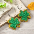 Sparkly green and gold acrylic shamrock drop earrings for St. Patrick's Day celebration - Double Layer Gold Green Glitter Shamrock (WEH4155)
