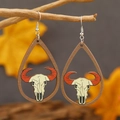Bohemian teardrop wooden earrings with red-horned bull skull pattern and silver hooks - Red Horn Cow Skull (WEH3919)