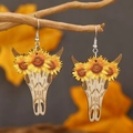 Bohemian bull skull and sunflower pattern wooden earrings with silver metal hooks - Sunflower Skull Pattern (WEH3927)