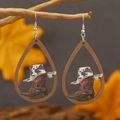 Wooden teardrop earrings featuring western cowboy boots and cow print pattern - Cow Print Cowboy Boots (WEH3920)